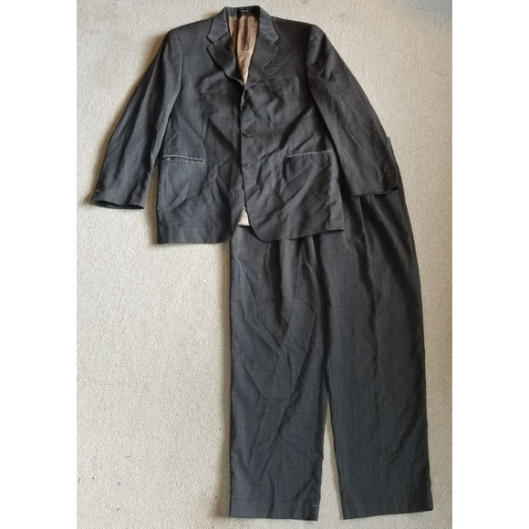 VINTAGE Mens Suit-BRANDINI-brown plaid 100% wool pleated 3-button-44R 39x30
